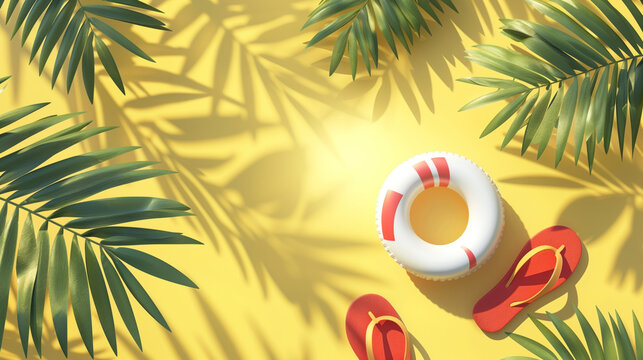 A summer themed image with an inflatable ring, flip-flops, and palm shadows.