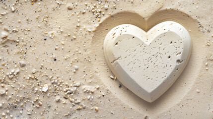 Heart shape carved into wet sand with pebbles and shells scattered around.