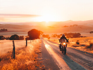 Lifestyle style, motorcyclist on the open road, scenic landscape, rule of thirds composition, golden hour lighting