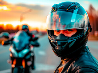 Portrait style, motorcyclist with helmet, blurred bike in background, off-center composition, natural light - obrazy, fototapety, plakaty