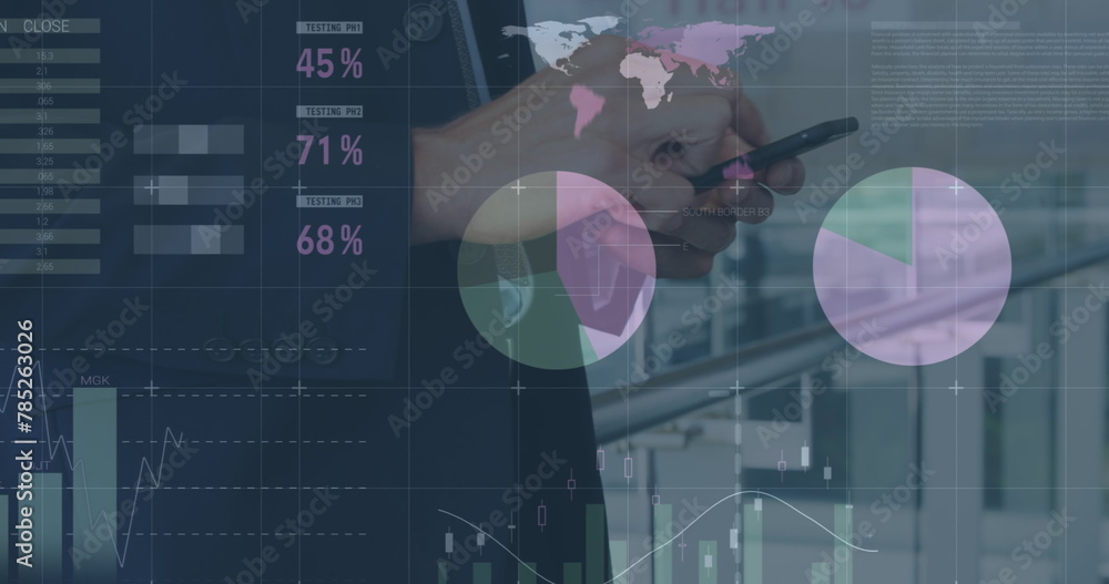 Aufkleber image of financial data processing over businessman using smartphone
