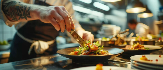 A chef with tattooed arms perfects a gourmet dish, artistically arranging greens on top in a...