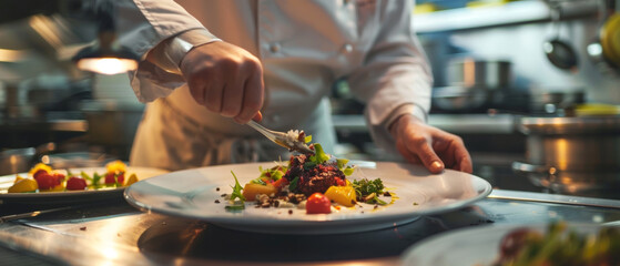 A focused chef in a white coat deftly plates a beautifully assembled gourmet dish, showcasing colorful ingredients and refined culinary skills.