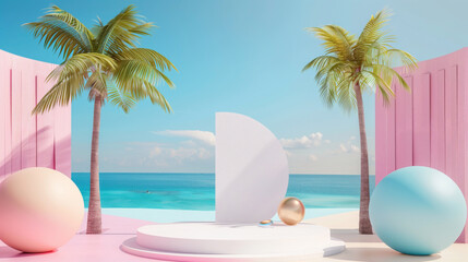 Surreal beach scene with colorful spheres, palm trees, abstract shapes, and ocean view.