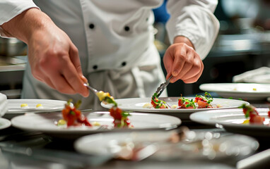 The focus is on a chef's hands as he fine-tunes the presentation of a gourmet plate in a professional kitchen environment.