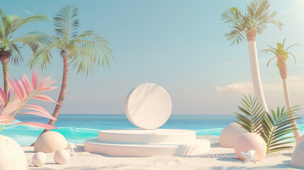 Obraz premium Stylized tropical beach scene with pastel colors and display podiums