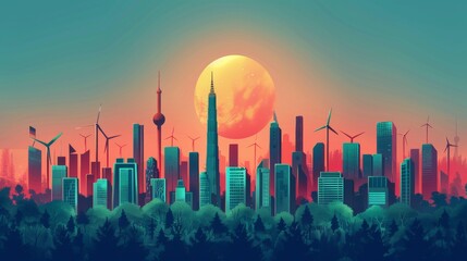 A vibrant cityscape powered by green energy shines in deep navy blue, bright red, and pale pink with fantastical wind turbines and solar panels blending into the whimsical skyline.
