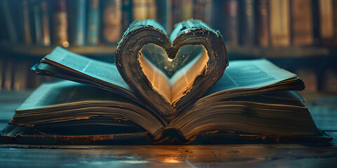 A heart shape formed by the pages of a book, symbolizing love and literature.
