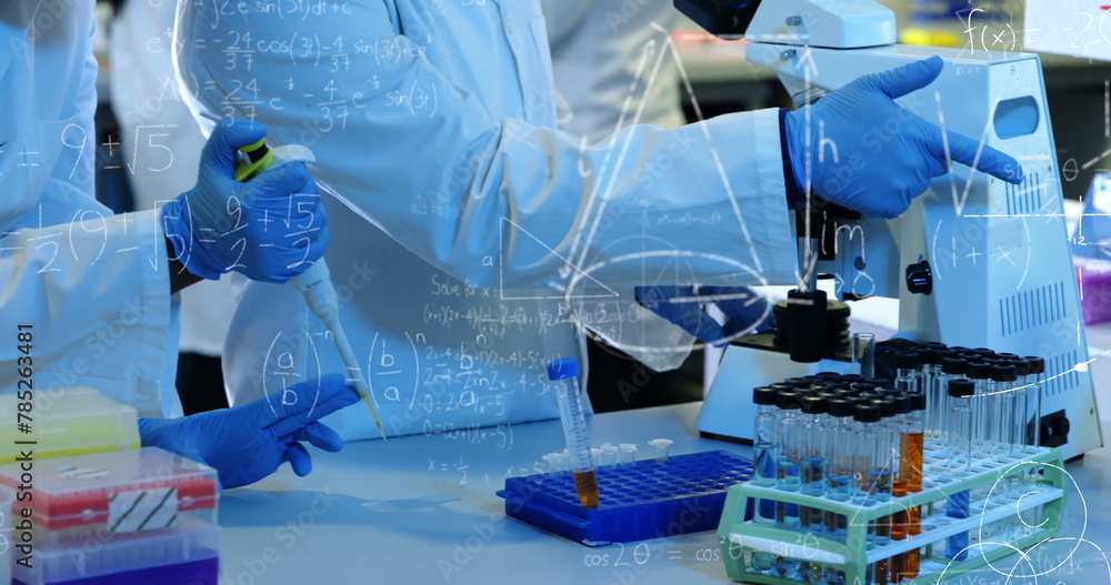Poster image of mathematical equations over group of diverse scientists in lab