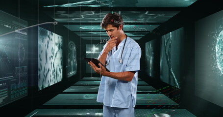 Image of data processing over caucasian male doctor with tablet