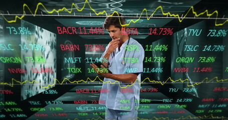 Image of data processing over caucasian male doctor with tablet