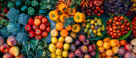 An abundant display of fresh produce, including various fruits and vegetables, arranged in a vibrant market stall setting, showcasing nature's palette of colors. - obrazy, fototapety, plakaty