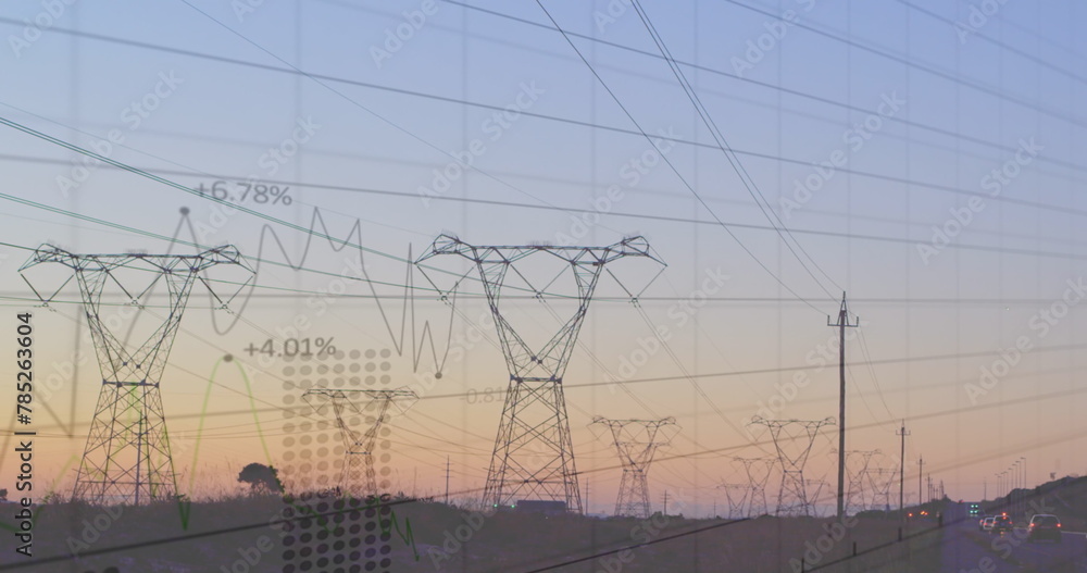 Poster image of statistics and data processing over electricity pylon and landscape