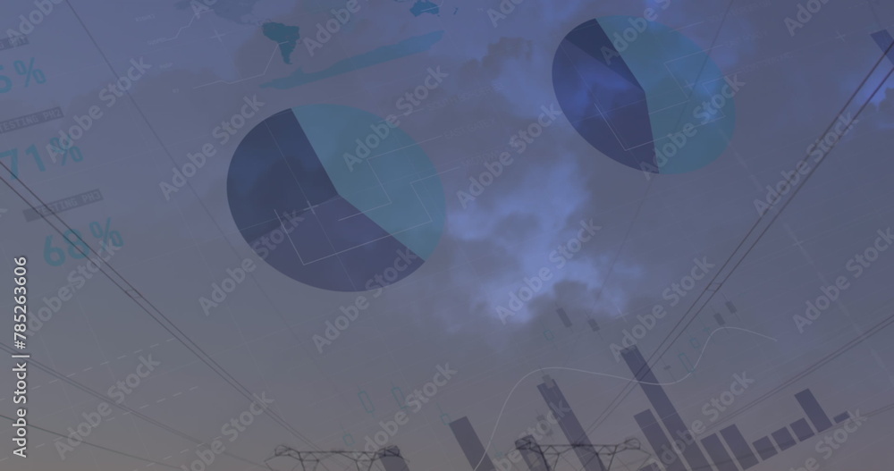 Poster image of statistics and data processing over electricity pylon and landscape