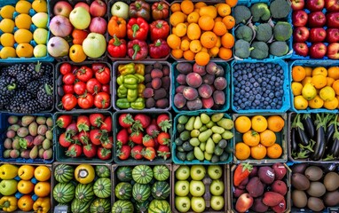 Vibrant overhead view of various fresh fruits neatly organized in market baskets, showcasing a colorful array of textures. - Powered by Adobe