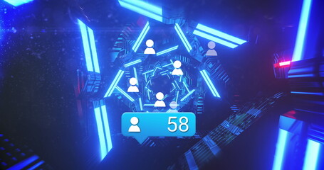 Image of icons and glowing blue shapes over dark background