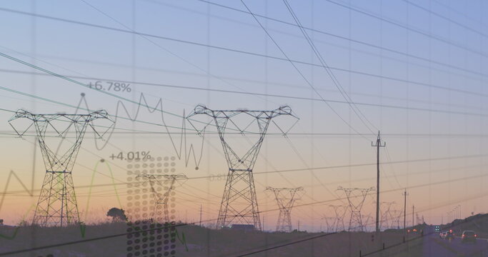 Image of statistics and data processing over electricity pylon and landscape