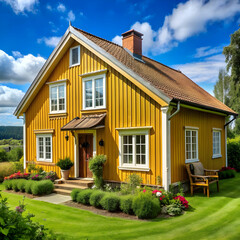 charming yellow house with wooden windows and green