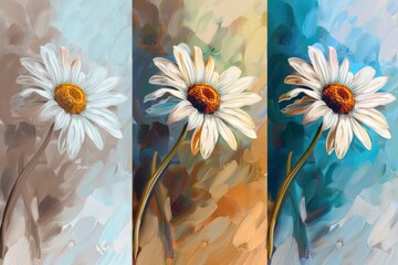 Colorful daisies on a vibrant background with blue, yellow, and white hues