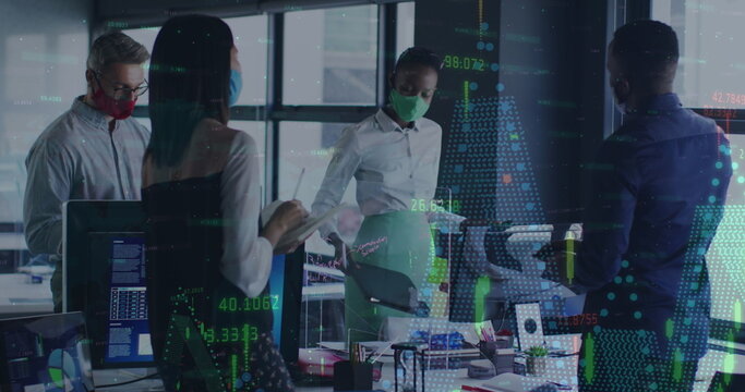 Financial data processing over diverse office colleagues wearing face masks discussing at office