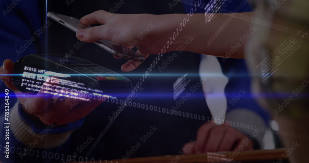 Poster image of financial graphs and data processing over caucasian man with payment terminal