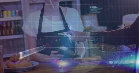 Image of digital data processing over people using a payment terminal