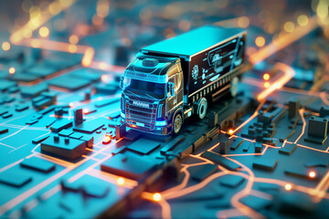 A truck drives along a futuristic city map