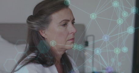 Image of chemical formula and data processing over senior caucasian woman sneezing