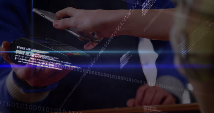 Image of financial graphs and data processing over caucasian man with payment terminal