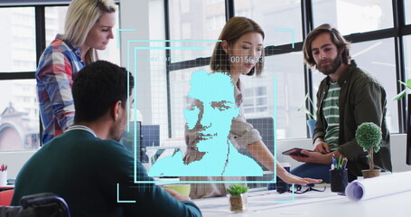 Image of people icons over diverse business people at meeting - Powered by Adobe