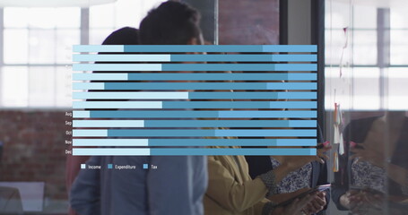 Image of data processing over diverse business people at meeting