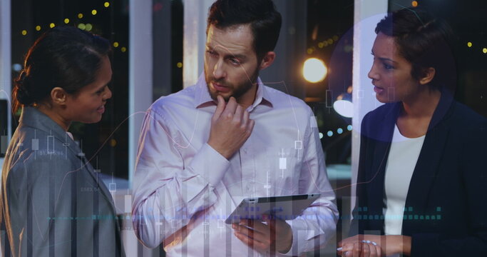 Image of financial data processing over diverse group of business people