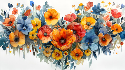 Watercolour Heart of Flowers,
There is a bouquet of flowers that is painted on a white background