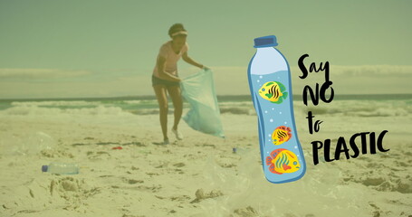 Image of ecology icon over african american female volunteer segregating waste