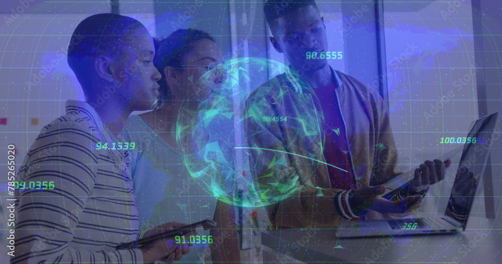 Poster image of data processing with globe and world map over diverse business people in office