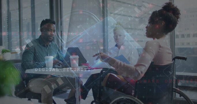 Image of data processing with padlock icon over diverse business people in office - Powered by Adobe