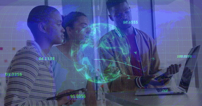 Image of data processing with globe and world map over diverse business people in office