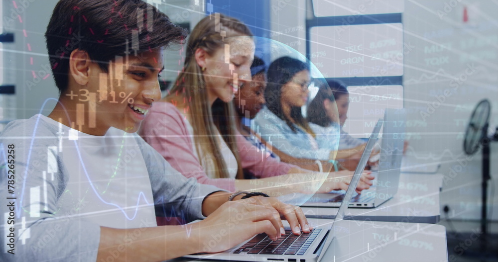 Poster image of globe and graph over class of diverse pupils using laptops