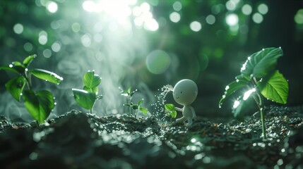   A figurine rests atop a mound of dirt beside a verdant plant, its leaves unfurled - obrazy, fototapety, plakaty