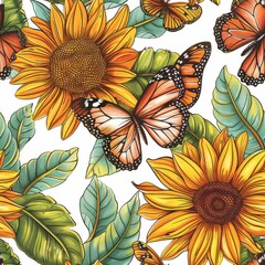 A butterfly and sunflower painting with a yellow background