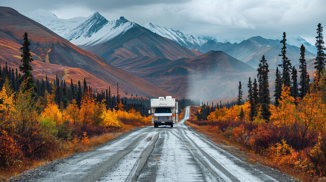 An RV on a deserted road in a colorful autumn landscape