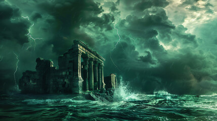 Ancient fantasy lost city of Atlantis. Stormy weather.