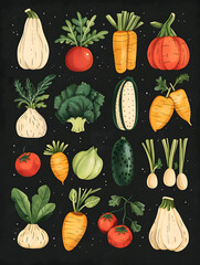 Graphic art poster with fresh fruits and vegetables