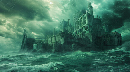 Ancient fantasy lost city of Atlantis. Stormy weather. - obrazy, fototapety, plakaty