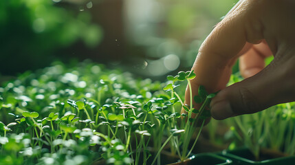Close-up of a woman's hand caring for microgreens 
