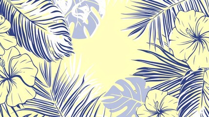  Palm leaves and flowers on a yellow background, bordered by blue and white