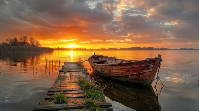  A boat atop tranquil water, nestled by a weathered wooden dock Sunset painted the sky behind