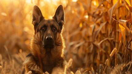 A German Shepherd stands out against a backdrop of sweet corn and toffee colors, perfectly framed in the rule of thirds. Unique and stunning. - obrazy, fototapety, plakaty