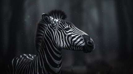 Fototapeta premium A zebra stands amidst a forest, surrounded by trees in the background, as snowflakes gently fall and dust the ground with fresh white snow
