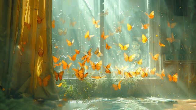 many yellow butterflies fly around, near sunlit window, curtains transmit sunlight